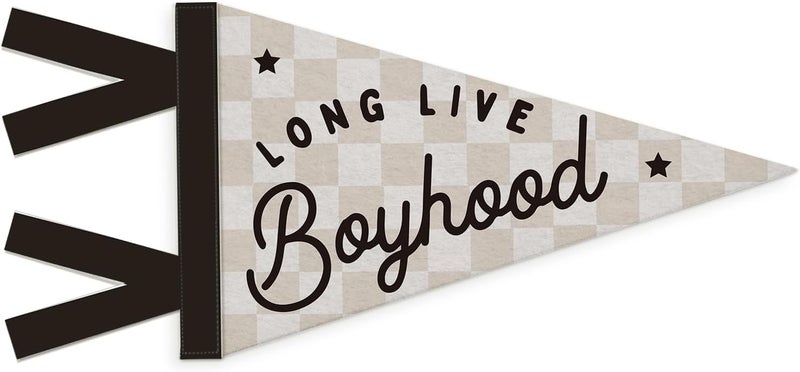 SJDFCSA Boys Room Decor, Long Live Boyhood Wall Hanging Pennant Flag Banner, Preppy Neutral Checkerboard Wall Decorations for Nursery Toddler Boys Bedroom Playroom Decor - Image 1
